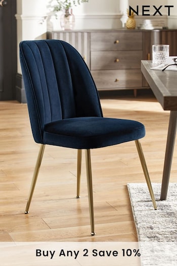 Set of 2 Soft Velvet Navy Blue Brushed Gold Leg Stella Non Arm Dining Chairs (C81290) | £250