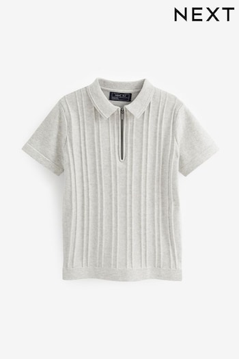 Grey Short Sleeve Textured Zip Neck buttondown Polo Shirt (3-16yrs) (C81338) | £13 - £18