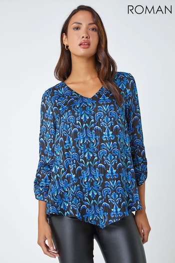 Roman Blue Abstract Print Metallic Ruched Blouse (C81575) | £36