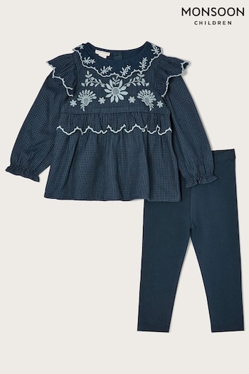 Monsoon Brown Blue Embroidered Blouse and Leggings Set (C81714) | £34 - £38