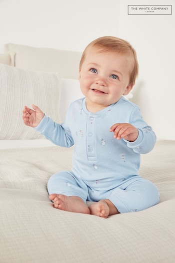 The White Company Blue Organic Cotton Cosy Penguin Henley Sleepsuit (C82117) | £22