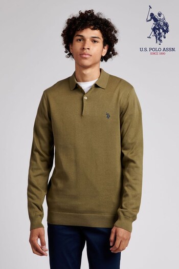 U.S. Polo Assn. Mens Burnt Olive Cotton Long Sleeve Polo Shirt (C82468) | £55