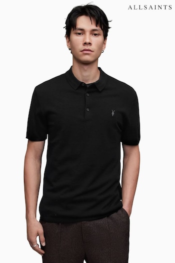 AllSaints Black Mode Merino Long Sleeve Polo Shirt (C82495) | £85
