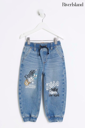 River Island Blue Boys Denim Graffiti Print Joggers Jacquard Jeans (C82587) | £20