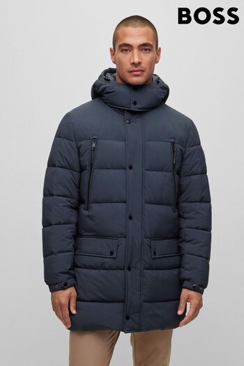 BOSS Blue Water Repellent Hooded Padded Quilted Mid Length Jacket (C82637) | £489