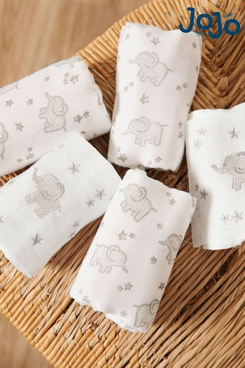 JoJo Maman Bébé Grey 5-Pack Elephant Embroidered Muslins (C83288) | £14