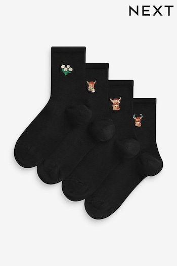 Hamish The Highland Cow Embroidered Motif Ankle Socks 4 Pack (C83582) | £12