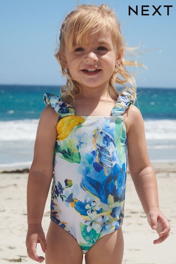 Blue/White Floral Ruched Sleeves Swimsuit (3mths-12yrs) (C83635) | £12 - £16