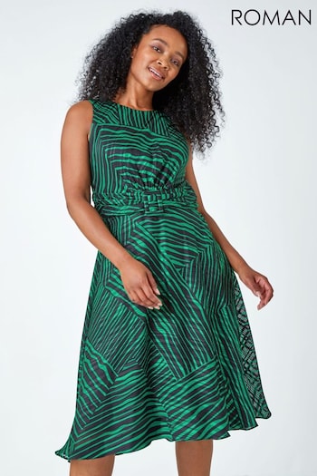 Roman Green Petite Geometric Fit & Flare Dress (C84051) | £50