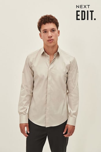 Neutral Brown Slim Fit Single Cuff EDIT Stretch Shirt (C84508) | £38