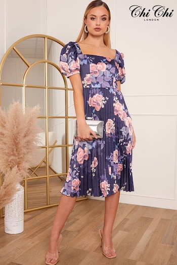 Chi Chi London Purple Petite Floral Printed Pleated Skirt Midi Dress (C84550) | £95