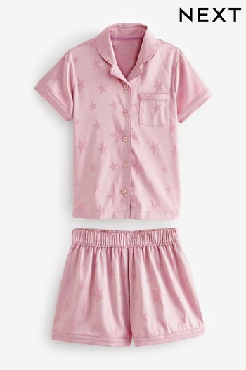 Pink Jacquard Star Satin Button Through Short Pyjamas (6-16yrs) (C84604) | £17 - £21