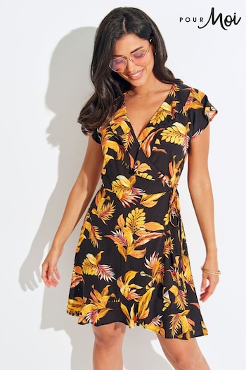 Pour Moi Black Tropical Print LENZING™ ECOVERO™ Viscose Frill Wrap Beach Dress (C85036) | £36