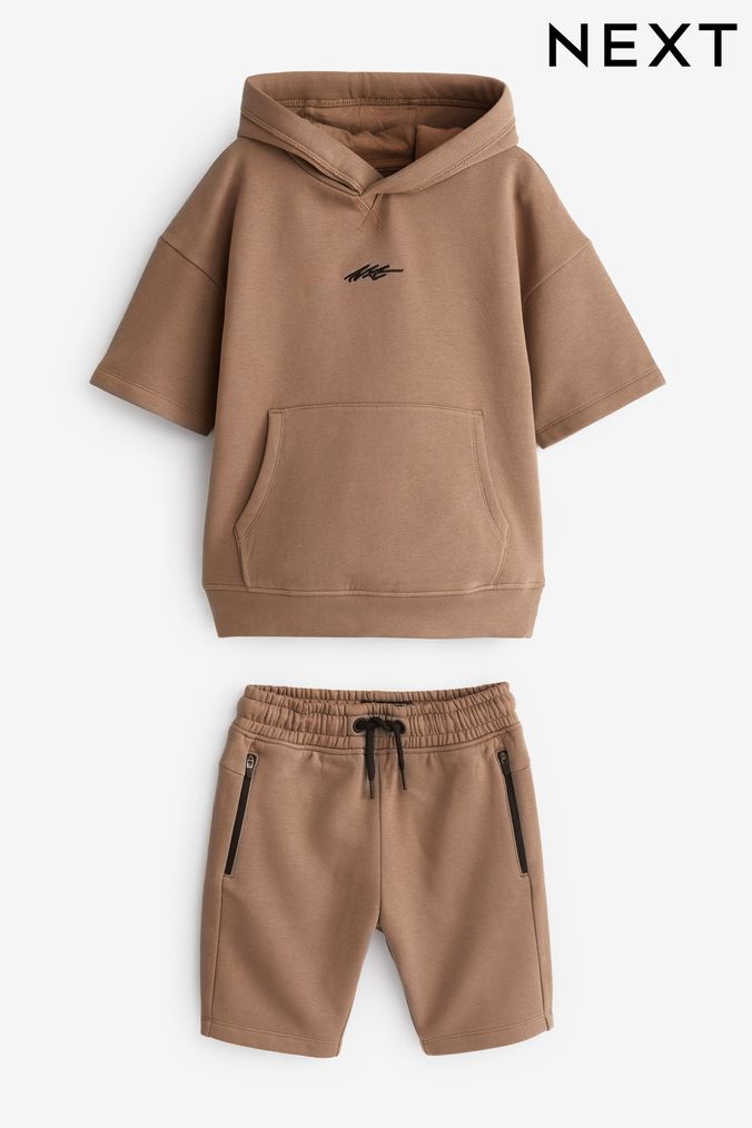 Stone Natural Short Sleeve con Hoodie and Shorts Set (3-16yrs) (C85083) | £21 - £29
