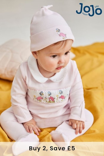 JoJo Maman Bébé Pink Jemima Puddle Duck Smocked Sleepsuit & Hat Set (C85172) | £26