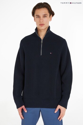 Tommy Hilfiger Blue Structured Zip Mock Neck Jumper (C85173) | £150