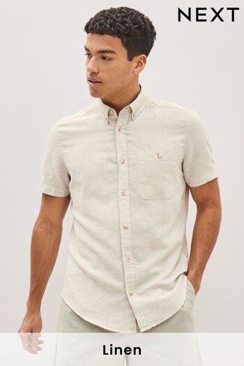 Stone Standard Collar Linen Blend Short Sleeve Shirt (C85205) | £28