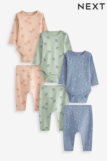 Mint Green/Navy Blue/Rust Brown Character Baby Bodysuits And Leggings 6 Piece Set (C85484) | £29 - £31