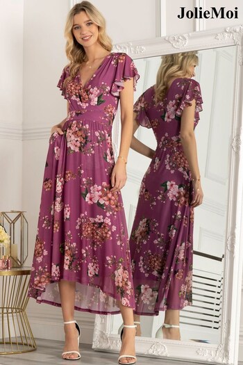 Jolie Moi Purple Eliza Dip Hem Mesh Maxi Dress (C85617) | £89