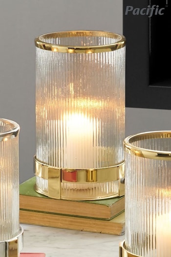 Pacific Gold Tall Metal And Textured Glass Hurricane Candle Holder (C86222) | £75