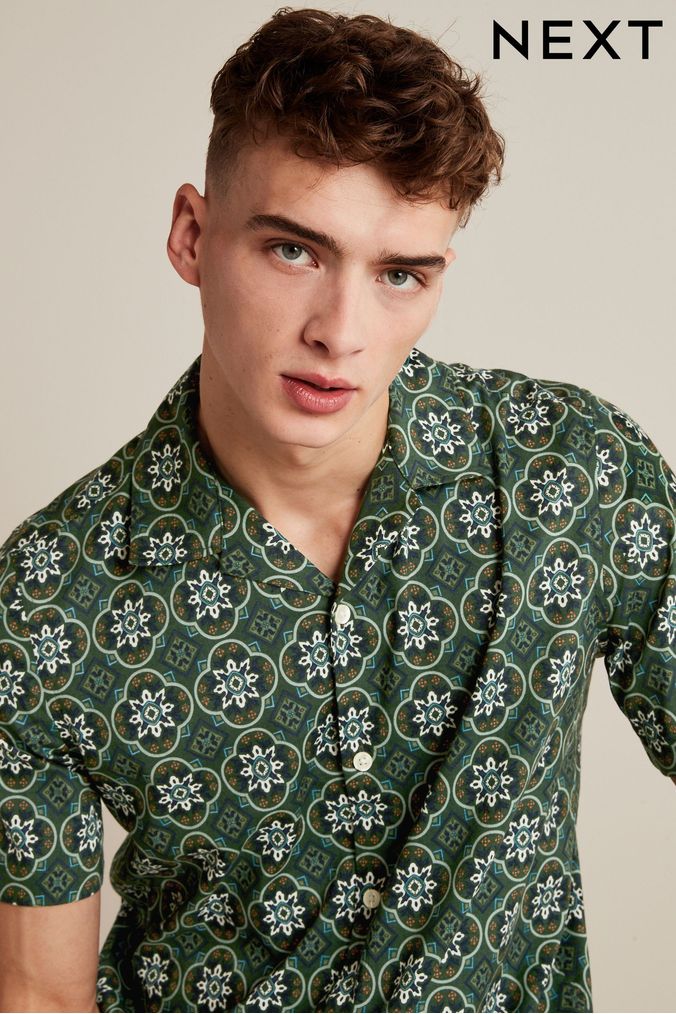 Green Cuban Collar Geo Printed Short Sleeve Shirt (C86264) | £30