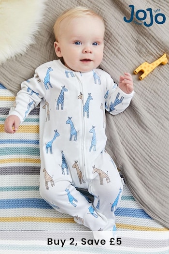 JoJo Maman Bébé Blue Giraffe Print Zip Cotton Baby Sleepsuit (C86596) | £20