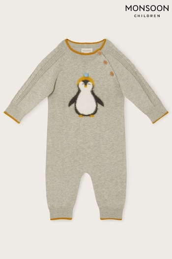 Monsoon Grey Fluffy Penguin Sleepsuit (C87136) | £27