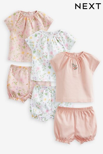 Pale Pink Floral 6 Piece Baby T-Shirts And Shorts Set (C87443) | £26 - £28