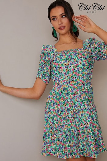 Chi Chi London Green V-Neckline Floral Mini Dress (C87925) | £58