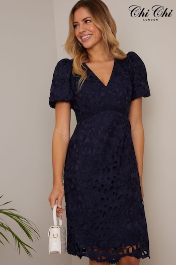 Chi Chi London Blue Puff Sleeve Premium Lace Mini Dress (C87932) | £90