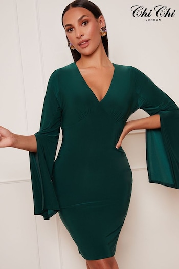 Chi Chi London Green V-Neck Split Sleeve Bodycon Dress (C88018) | £90