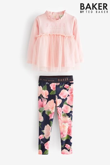 Baker by Ted Baker Navy Floral Velour Leggings and Pink Tulle T-Shirt Set (C88320) | £32 - £37