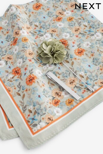 Multi Floral Pocket Square, Lapel Pin & Tie Bar Set (C88327) | £16