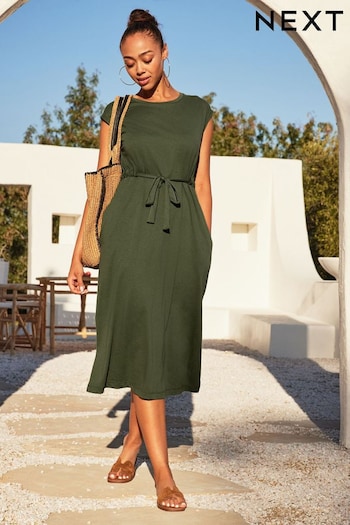 Khaki Green Short Sleeve 100% Cotton Belted T-Shirt Midi Summer Dress (C88641) | £24