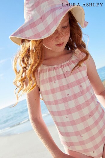 Laura Ashley Pink/White Gingham Textured Swimsuit And Hat Set (C89489) | £34 - £36