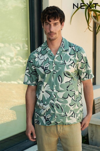 Green Floral Print Cuban Collar Short Sleeve Shirt (C89564) | £9
