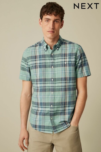 Green Linen Blend Short Sleeve Check Shirt (C89609) | £13.50