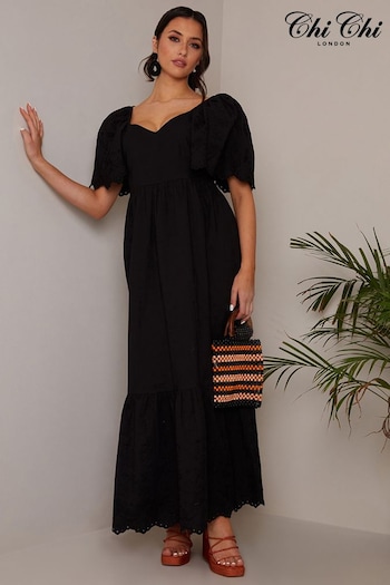 Chi Chi London Black Broderie Sleeve Poplin Maxi Dress (C89792) | £55