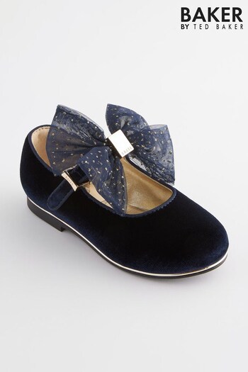Baker by Ted Baker Girls Navy Velvet Mary Jane Shoes with Bow (C90109) | £36