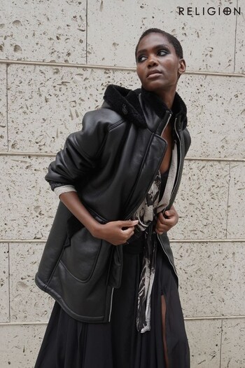 Religion Black Shearling and Leather Look Globe Coat with Hood (C90567) | £245