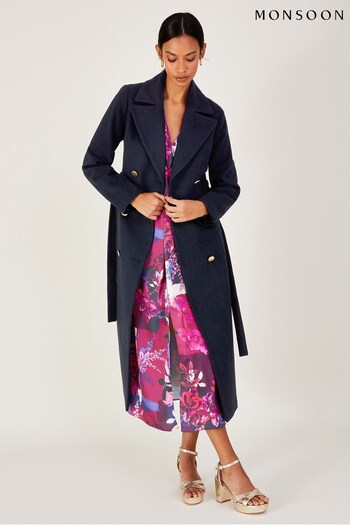 Monsoon Blue Lola Belted Wool Mix Trench Coat (C91026) | £160