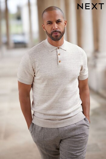 Natural Knitted Polo Shirt With Linen (C91057) | £26