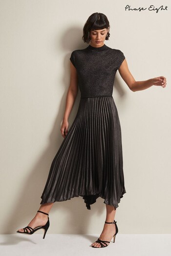 Phase Eight Black Isla Metallic Pleated Knitted Dress (C91090) | £129