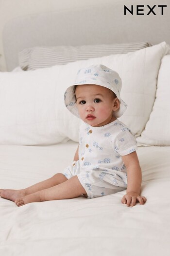 White Elephant Print Baby Romper And Hat 2 Piece Set (0mths-2yrs) (C91347) | £17 - £19