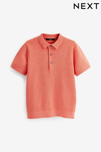 Coral Pink Knitted Short Sleeve Textured Polo Shirt (3-16yrs) (C91525) | £12 - £17