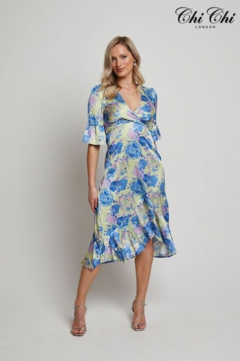 Chi Chi London Yellow Tie Front Floral Print Midi Dress (C92244) | £65
