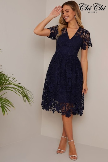 Chi Chi London Blue V-Neck Fit and Flare Lace Midi Training Dress (C92412) | £95