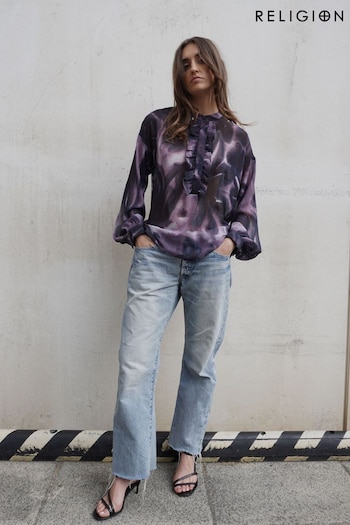 Religion Purple Oversized Sheer Printed Georgette Shirt with Tie Option (C92617) | £65