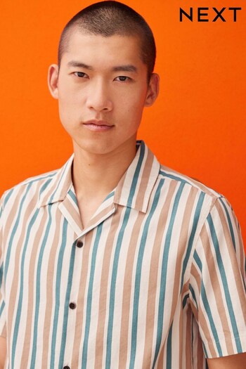 Rust Orange/Green Textured Short Sleeve Stripe Shirt With Cuban Collar (C92622) | £30