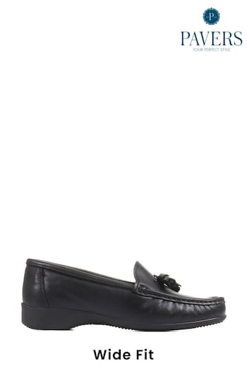 Pavers Wide Fit Black Leather Loafers With Tassel (C93239) | £48
